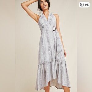 ANTHROPOLOGIE MARFA MAXI MIDI DRESS GREY SNAKESKIN FAUX WRAP size 6